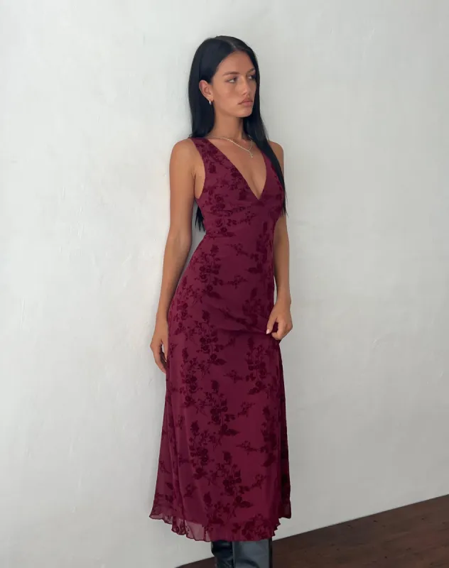 Gabriela Midi Dress in Botanical Flower Maroon sold by Motel Rocks