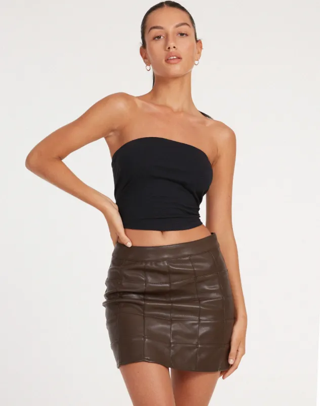 Bora Mini Skirt in PU Patchwork Choco Brown sold by Motel Rocks