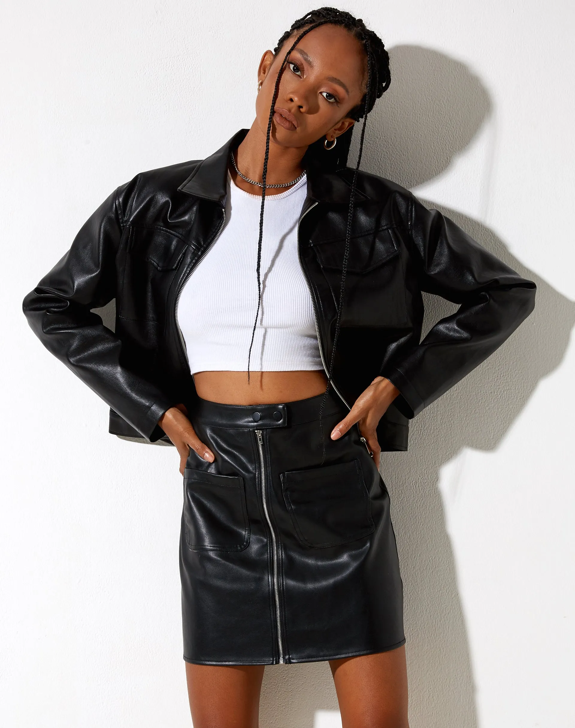 Eito Mini Skirt in PU Black sold by Motel Rocks