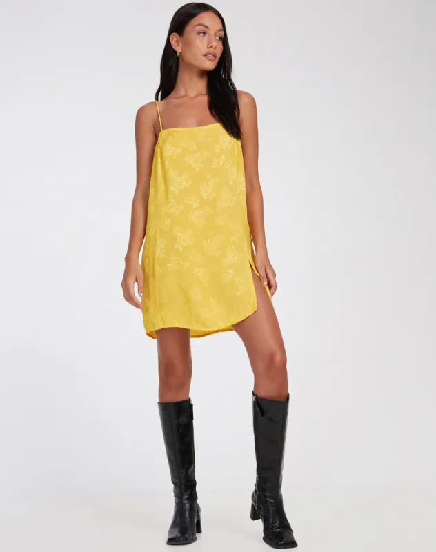 Datista Mini Dress in Satin Rose Sunshine Yellow sold by Motel Rocks