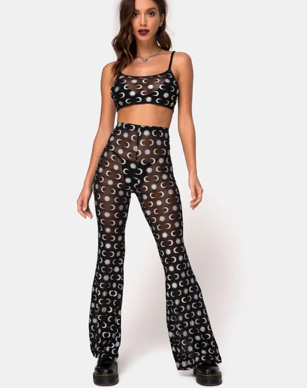 Herlom Flare Trouser in Over the Moon Black with Glitter sold by Motel Rocks