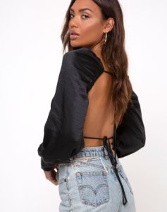 Adoria Crop Top in Satin Black sold by Motel Rocks