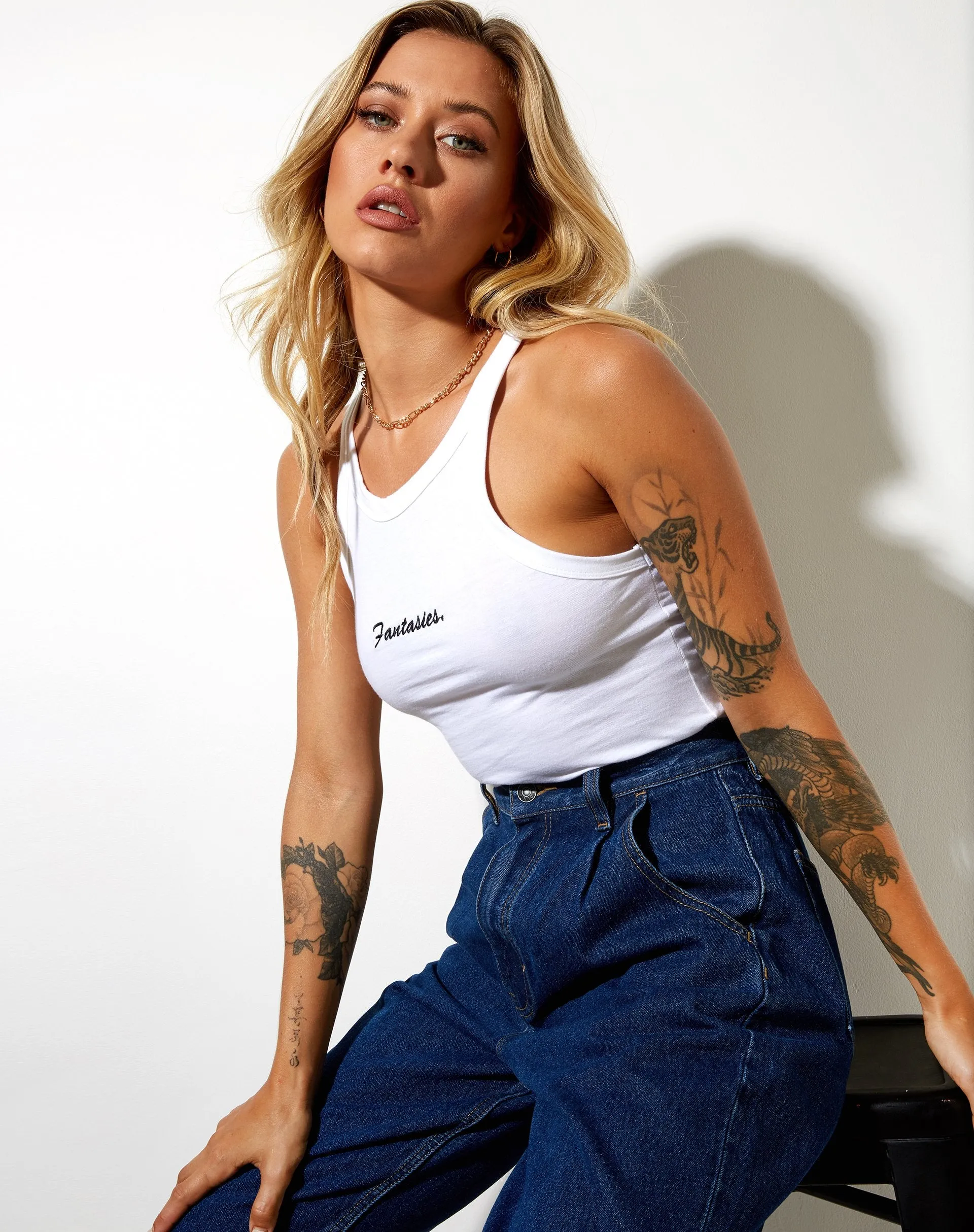 Carter Vest Top in Lycra White Fantasies Embro sold by Motel Rocks product image thumbnail 3