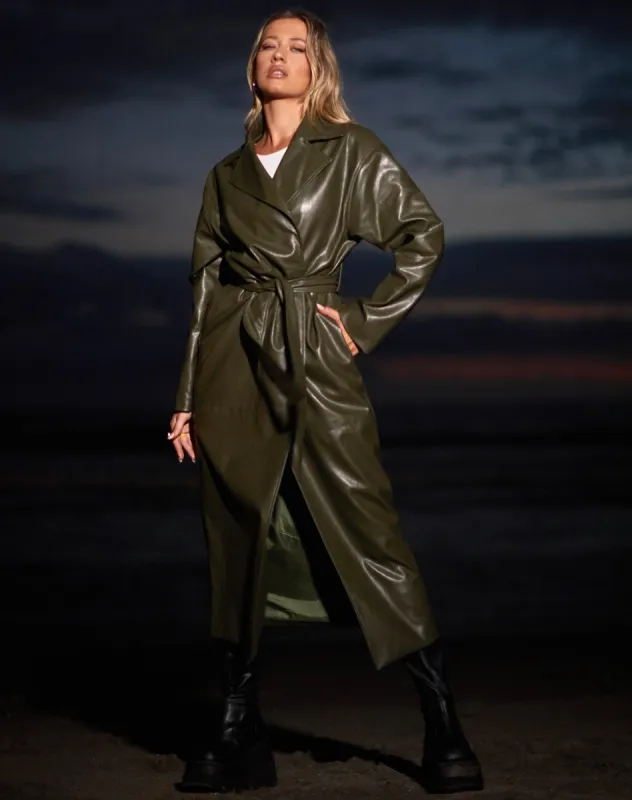 Ejo Trench Coat in PU Dark Olive sold by Motel Rocks