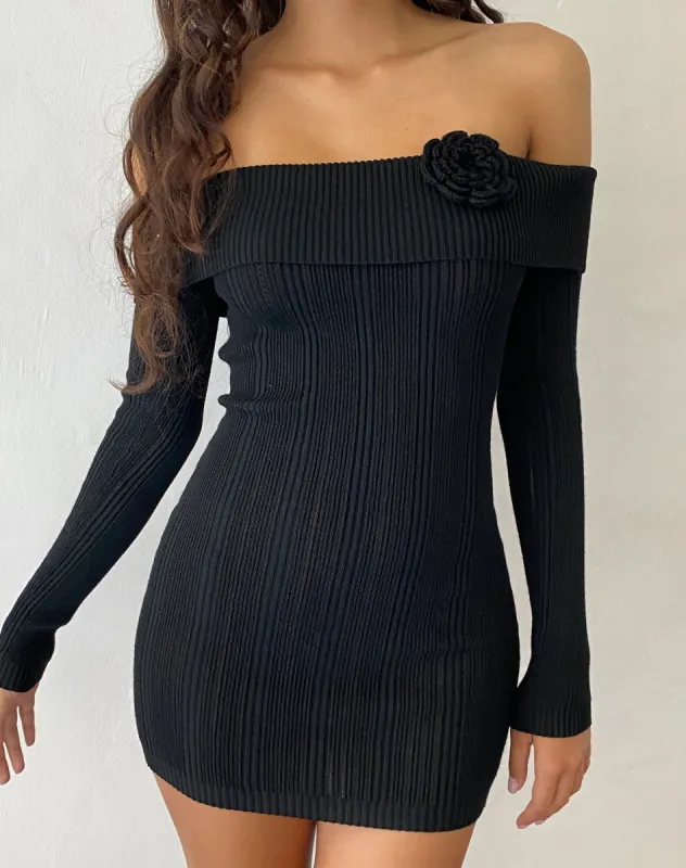 Mirabel Knitted Bardot Mini Dress in Black with Rosette sold by Motel Rocks