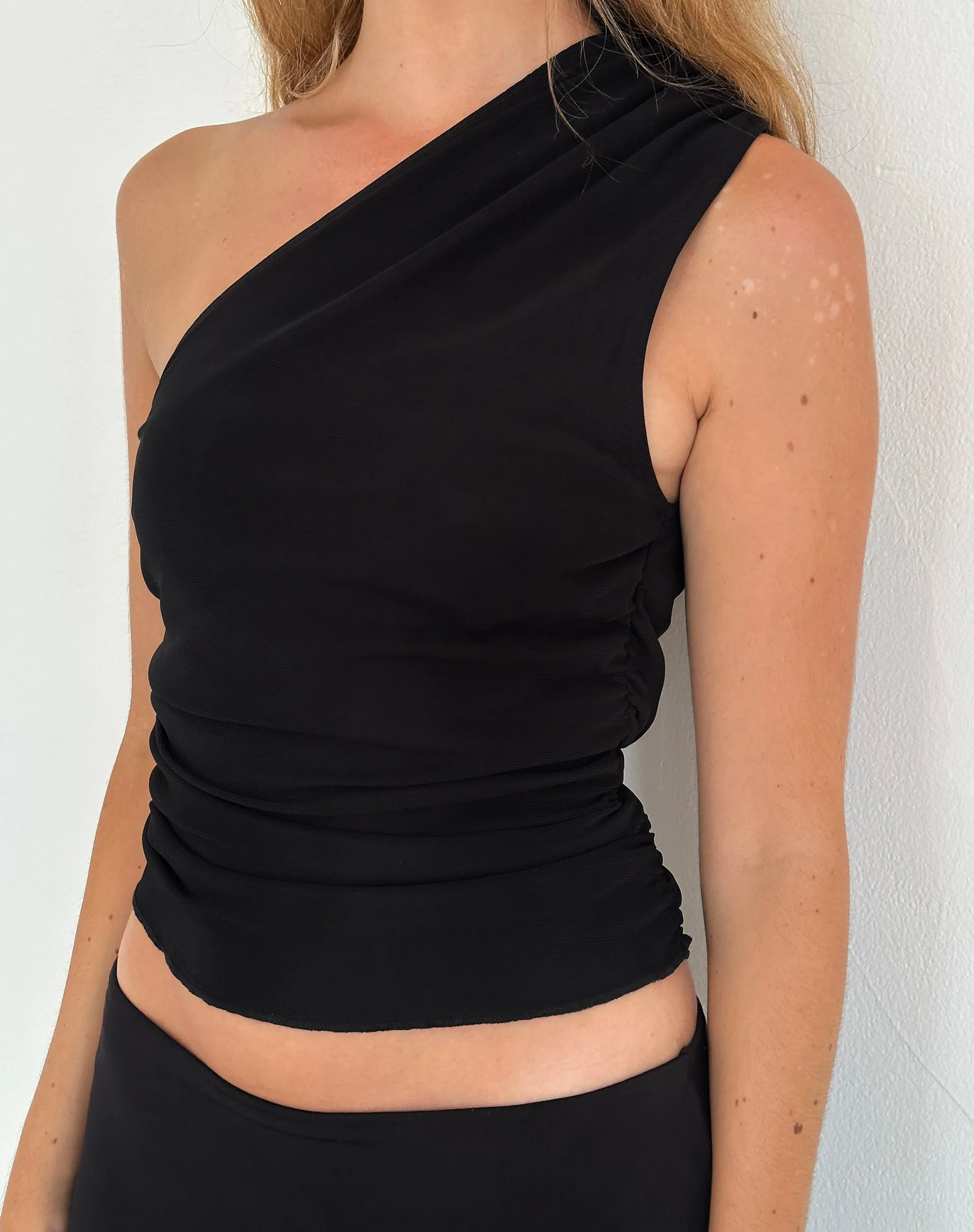 Evelina One Shoulder Top in Black Mesh sold by Motel Rocks