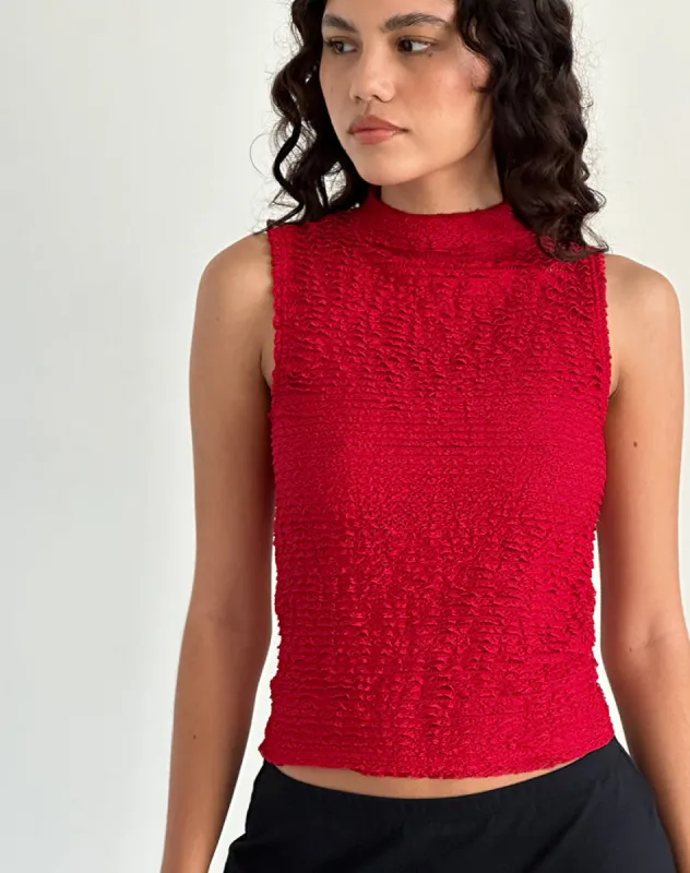 Arien Textured Mock Neck Top in Red sold by Motel Rocks