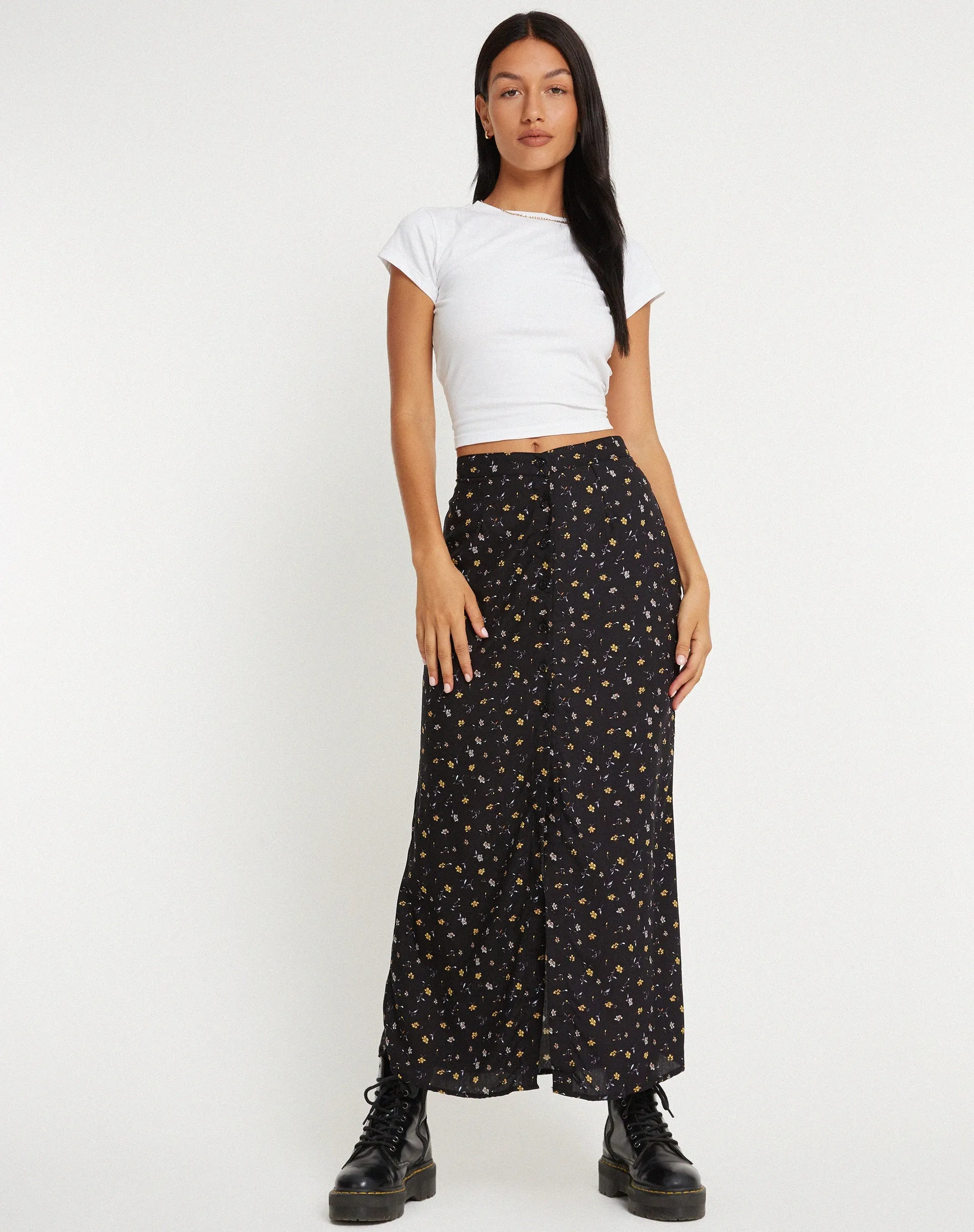 Rima Maxi Skirt in Pretty Petal Black sold by Motel Rocks