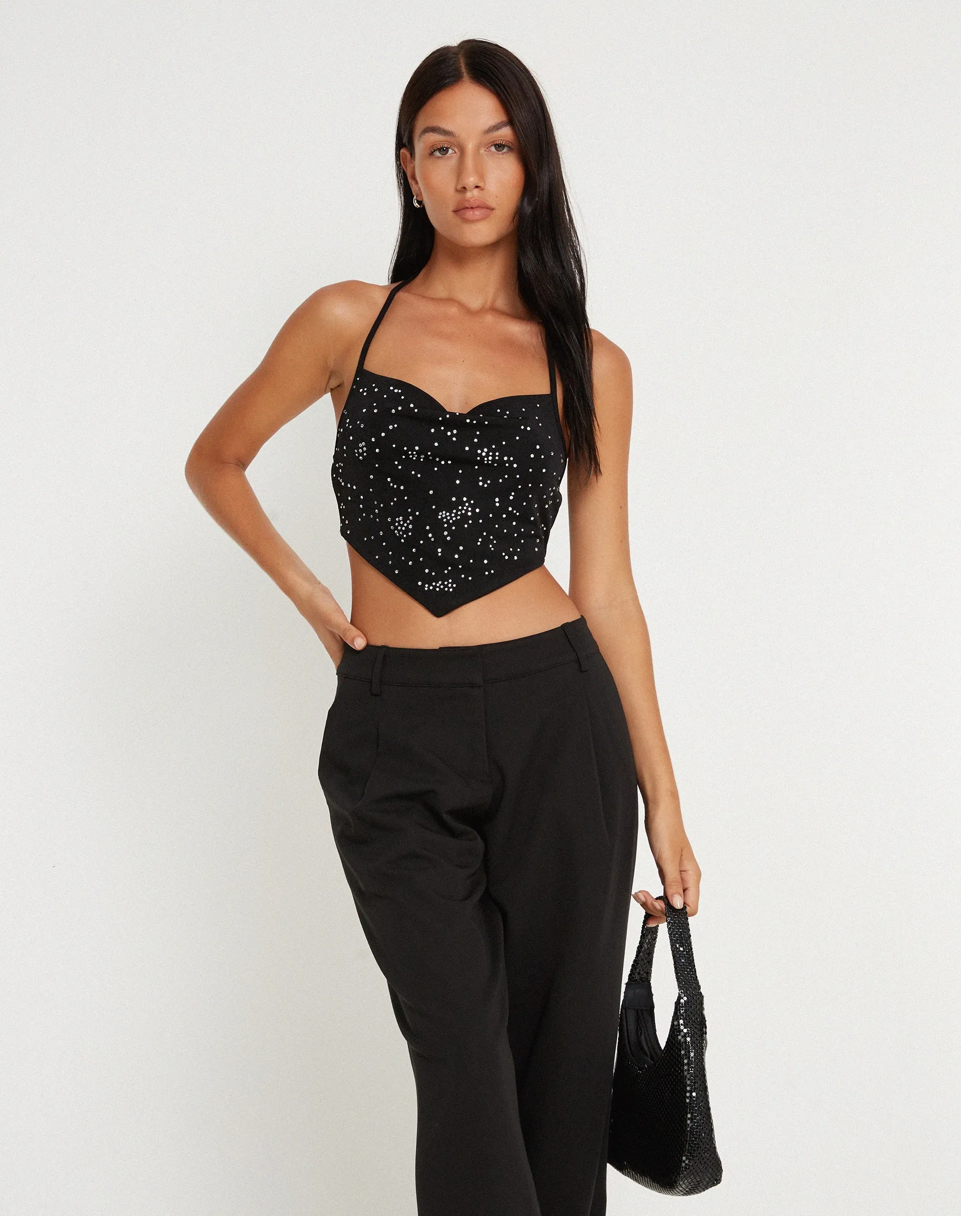 Ketida Halterneck Crop Top in Black Diamante sold by Motel Rocks product image thumbnail 2