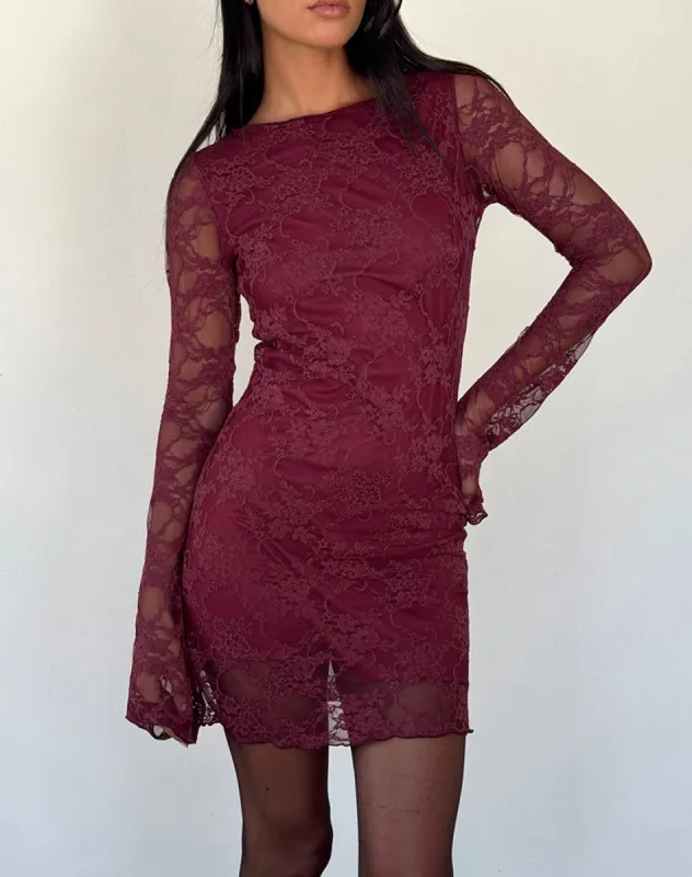 Sevila Long Sleeve Mini Dress Lace Burgundy | Parallel