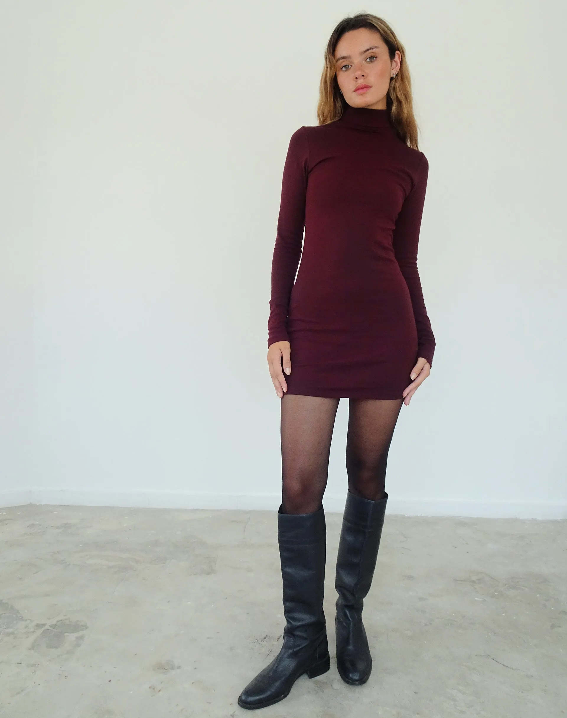 Yrion Turtle Neck Bodycon Mini Dress in Burgundy sold by Motel Rocks product image thumbnail 3