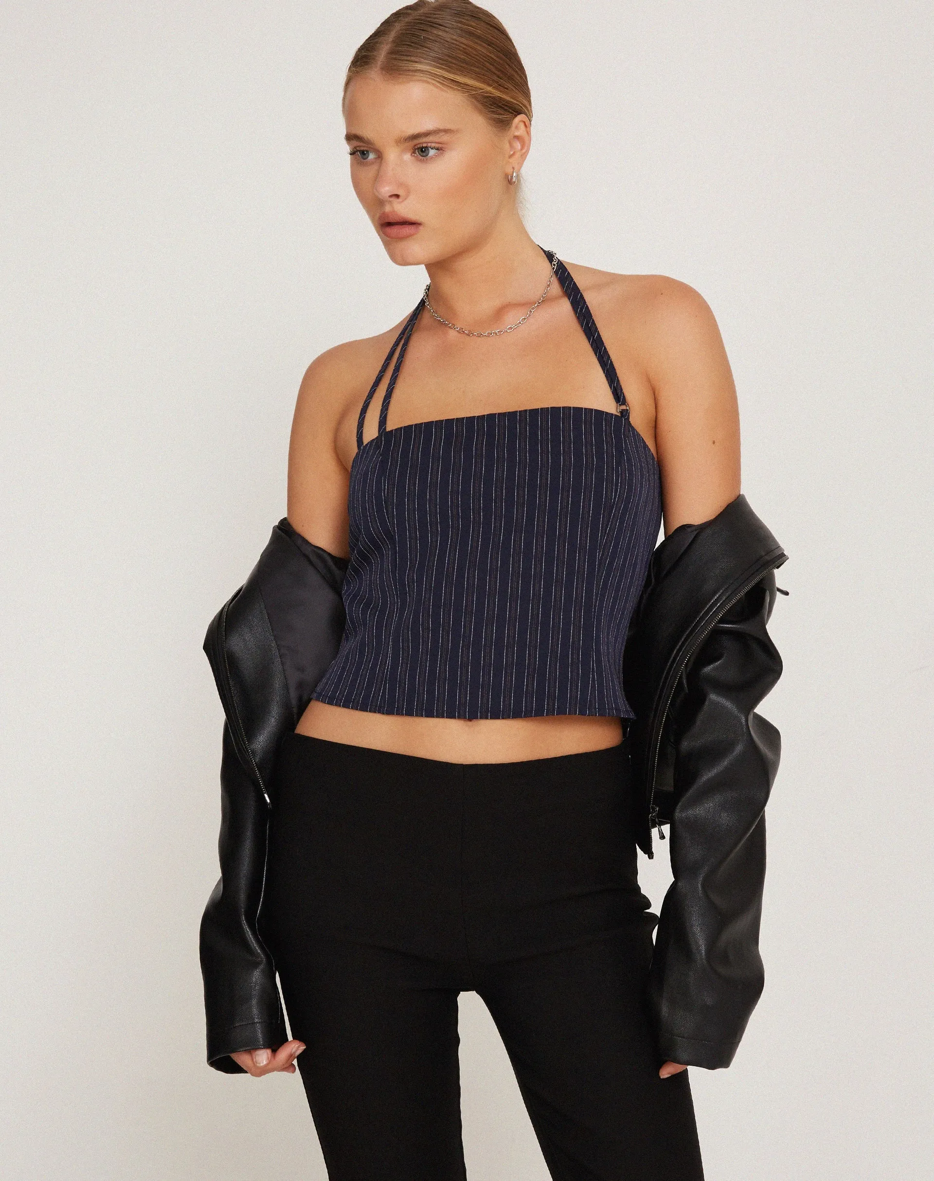 Arreta Crop Top in Pinstripe Navy sold by Motel Rocks product image thumbnail 3