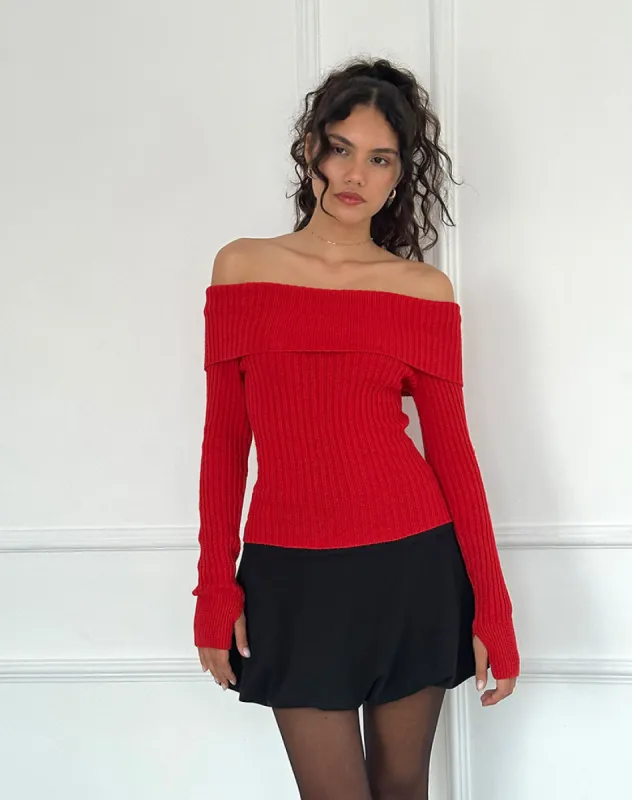Circe Off-Shoulder Long Sleeve Knit Top in Red sold by Motel Rocks