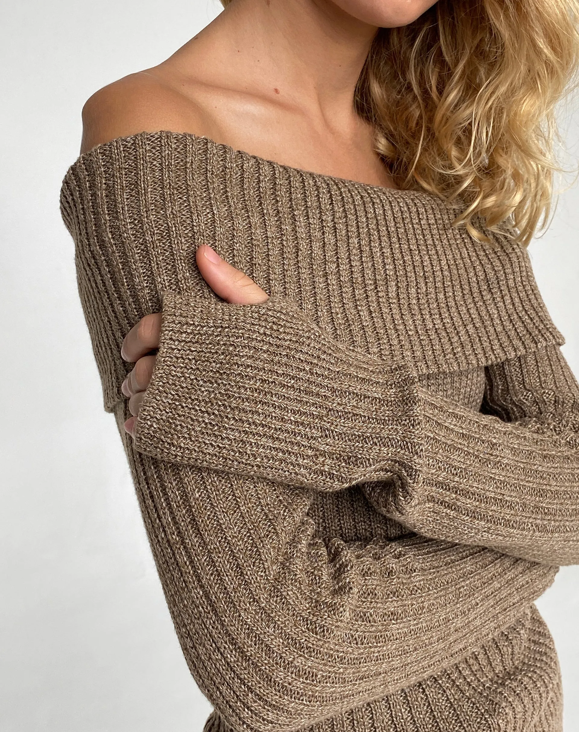 Circe Off-Shoulder Long Sleeve Knit Top in Yarn Brown sold by Motel Rocks product image thumbnail 2