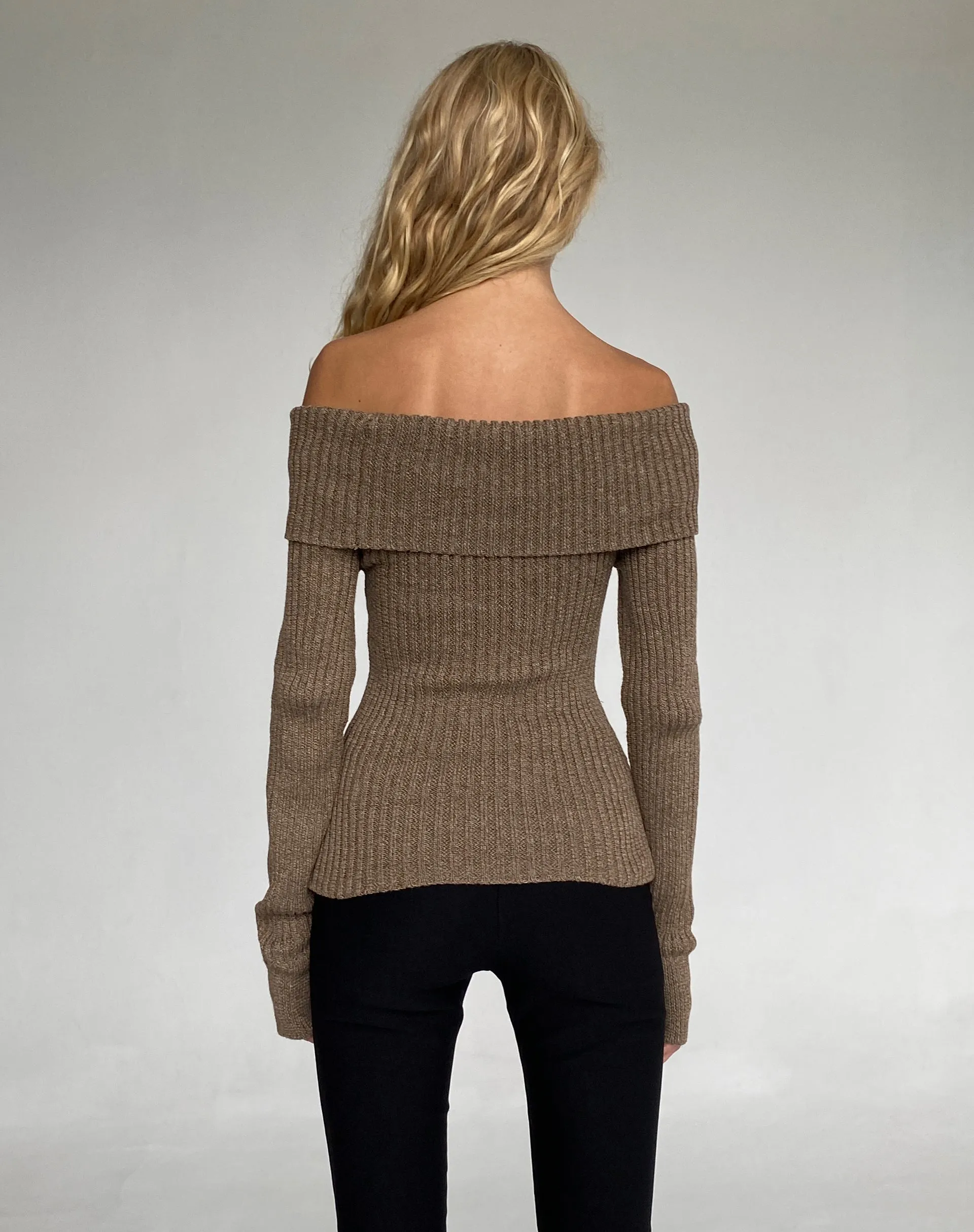 Circe Off-Shoulder Long Sleeve Knit Top in Yarn Brown sold by Motel Rocks product image thumbnail 4