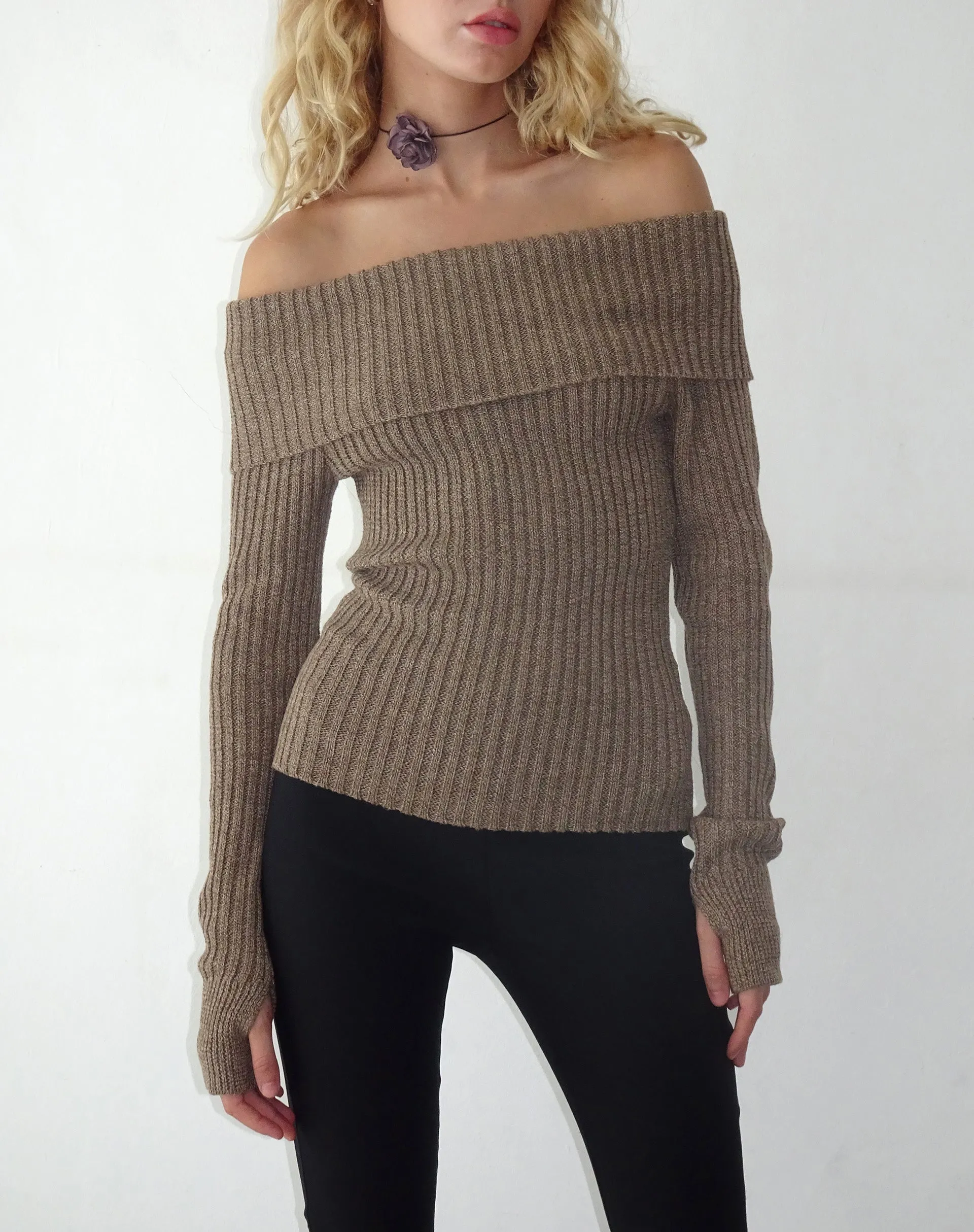 Circe Off-Shoulder Long Sleeve Knit Top in Yarn Brown sold by Motel Rocks product image thumbnail 3