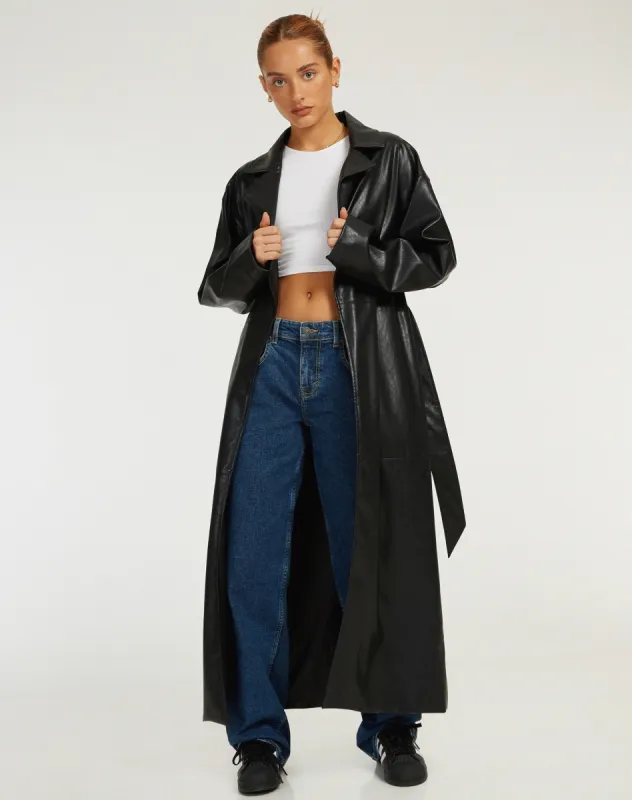Ejo Trench Coat in PU Black sold by Motel Rocks