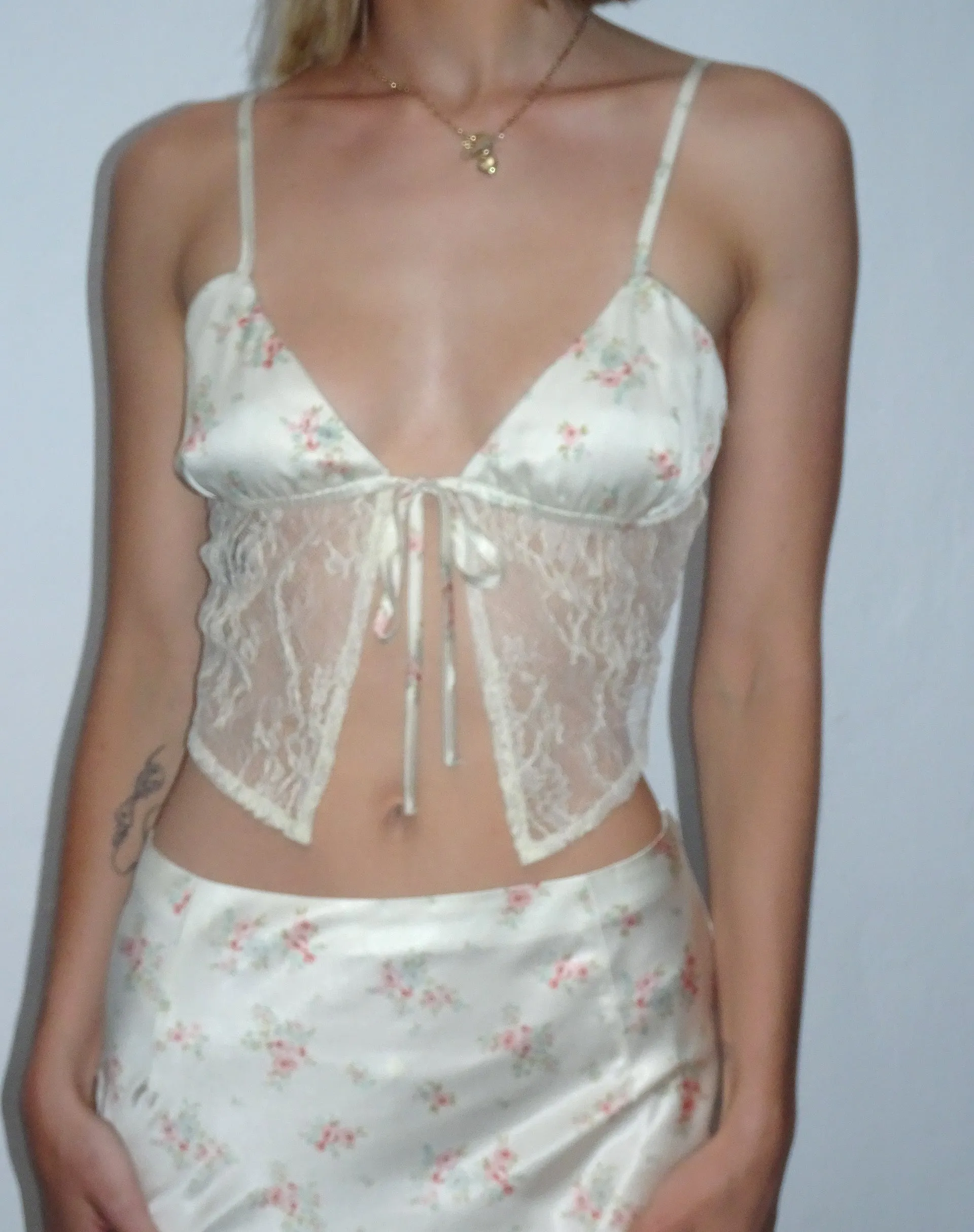 Sahira Lace Cami Top in Satin Vintage Rose Garland sold by Motel Rocks product image thumbnail 3