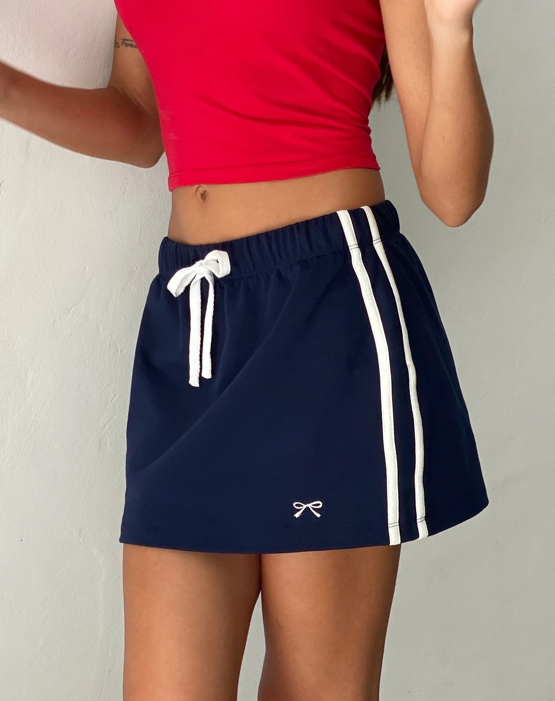 Dheca Mini Skirt in Navy with White Side Stripe sold by Motel Rocks product image thumbnail 2