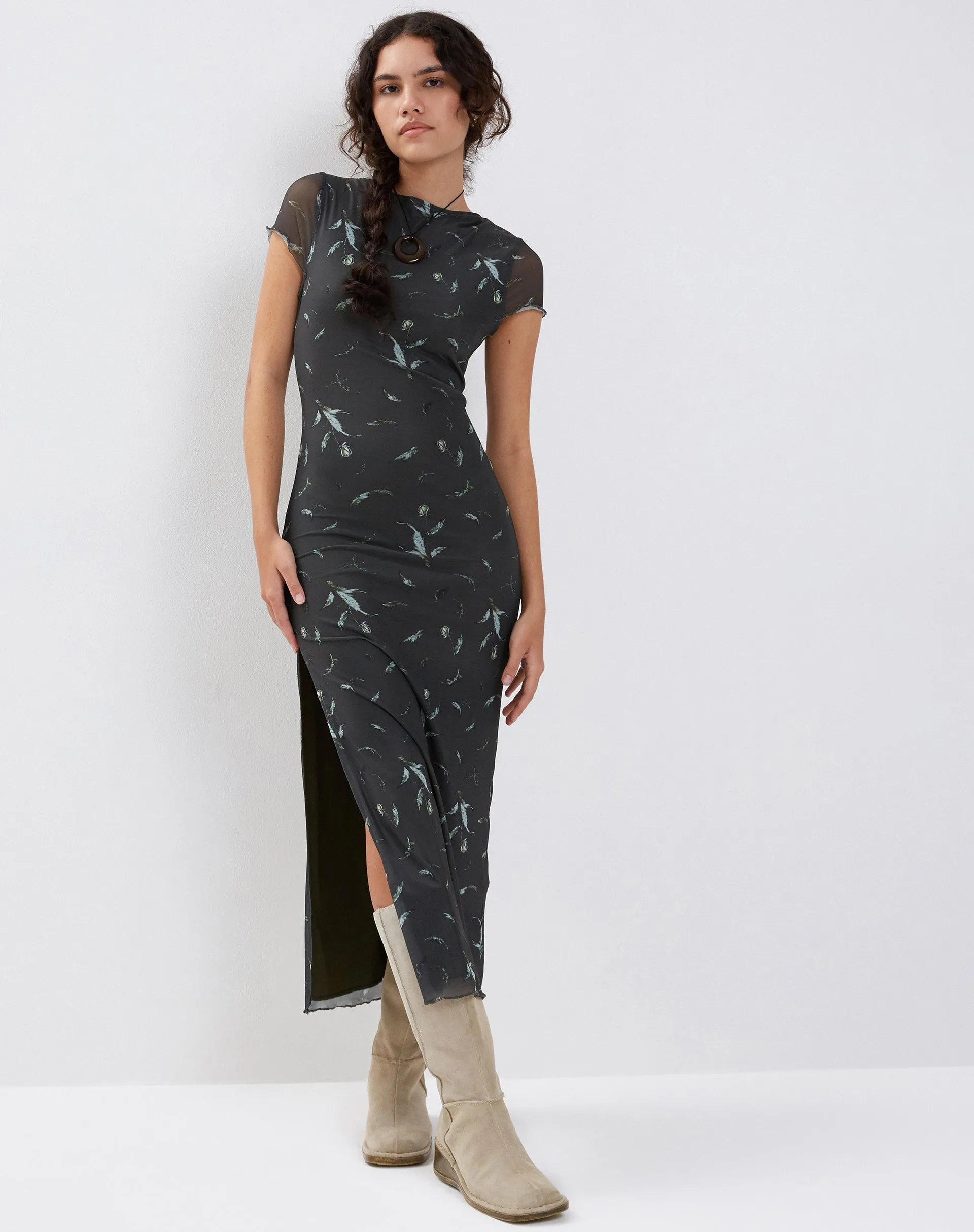 Danari Mesh Maxi Dress in Floral Khaki Silhouette sold by Motel Rocks