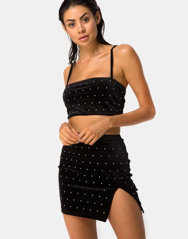 Cheri Split Skirt in Diamante Black sold by Motel Rocks