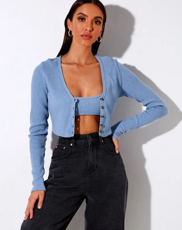 Viney Cardigan in Rib Ashy Blue sold by Motel Rocks