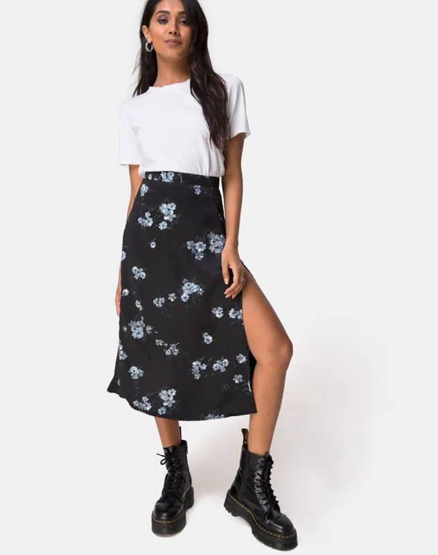 Saika Midi Skirt in Mono Flower Black sold by Motel Rocks