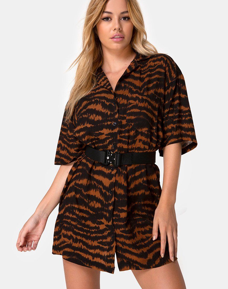 Fresia Mini Dress in Animal Drip Brown sold by Motel Rocks
