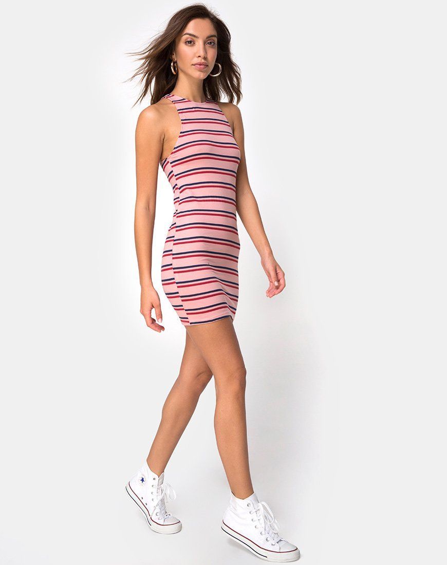 Zena Bodycon Dress in 70's Stripe Pink Horizontal sold by Motel Rocks product image thumbnail 3