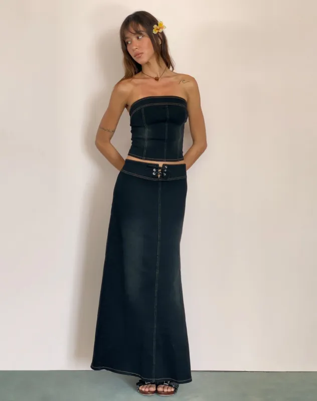 Lafille Denim Maxi Skirt in Black Wash sold by Motel Rocks