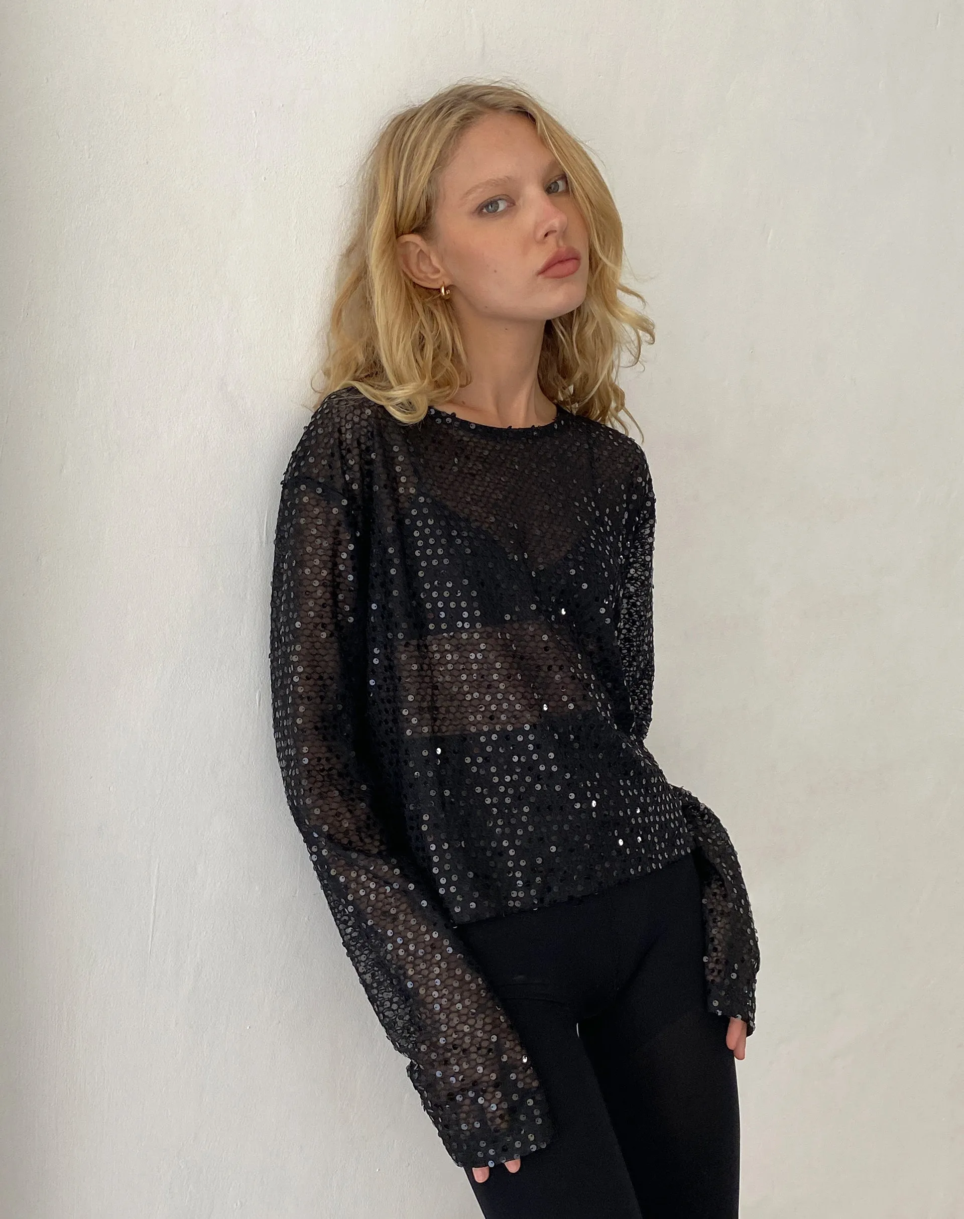 Aridani Unlined Long Sleeve Top in Black Sequin sold by Motel Rocks