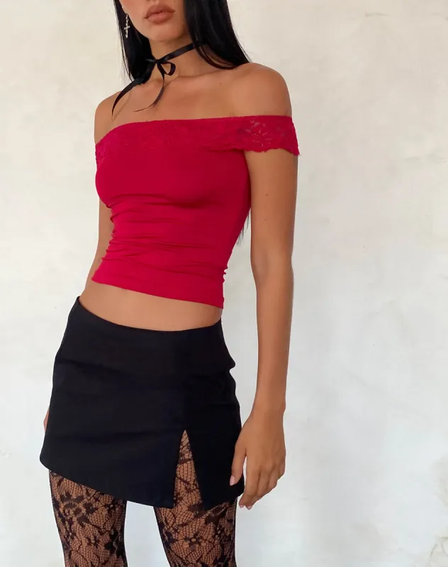 Nesel Bardot Top in Slinky Lace Red sold by Motel Rocks