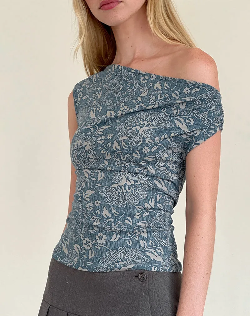 Calypso Top in Blue Ornate Print Lycra sold by Motel Rocks