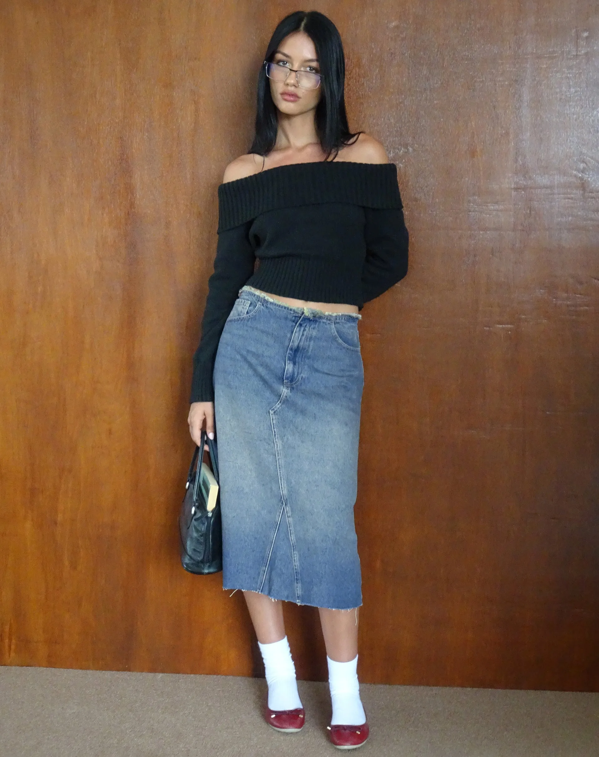 Low Rise Denim Midi Skirt in Vintage Blue Green sold by Motel Rocks product image thumbnail 4