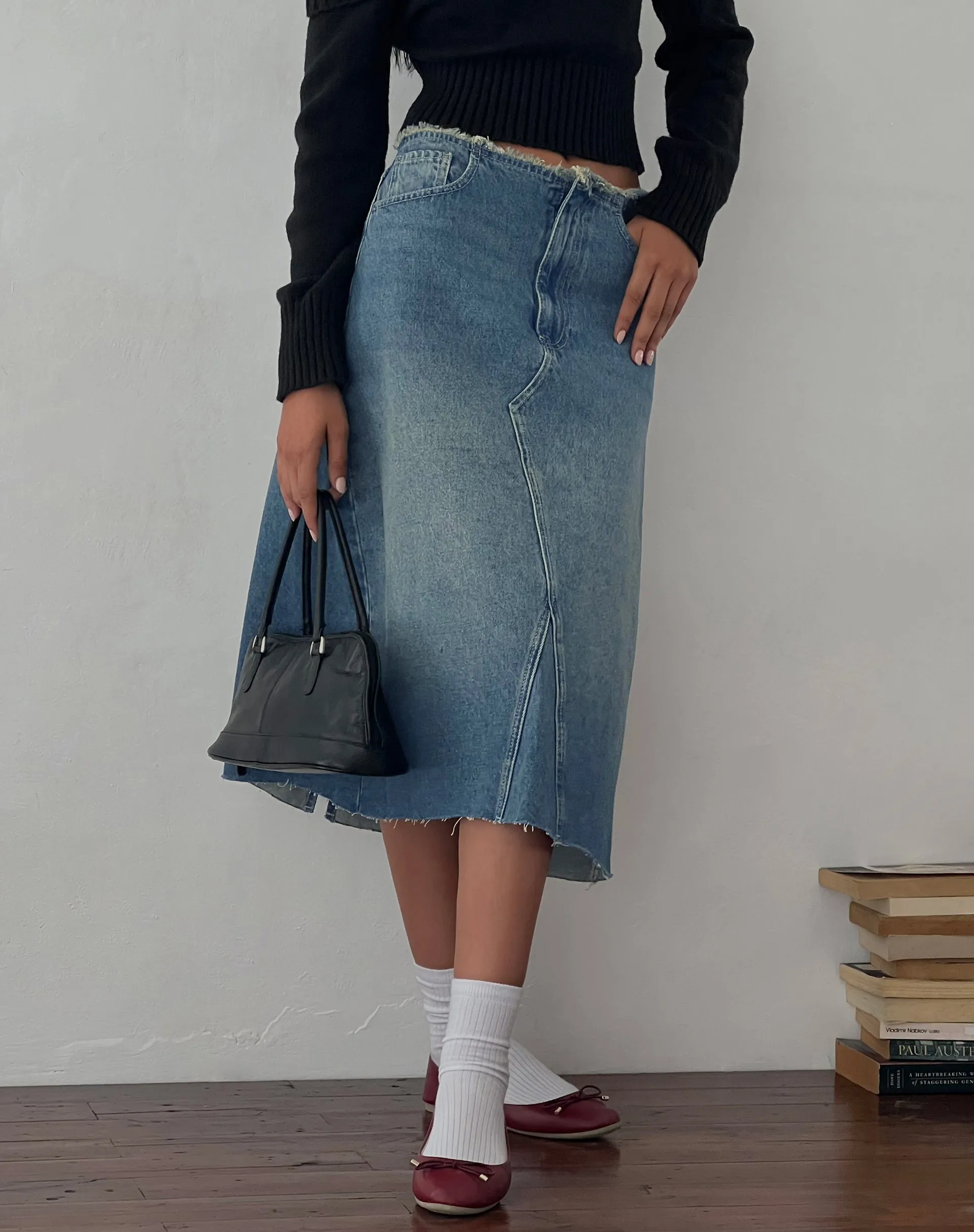 Low Rise Denim Midi Skirt in Vintage Blue Green sold by Motel Rocks