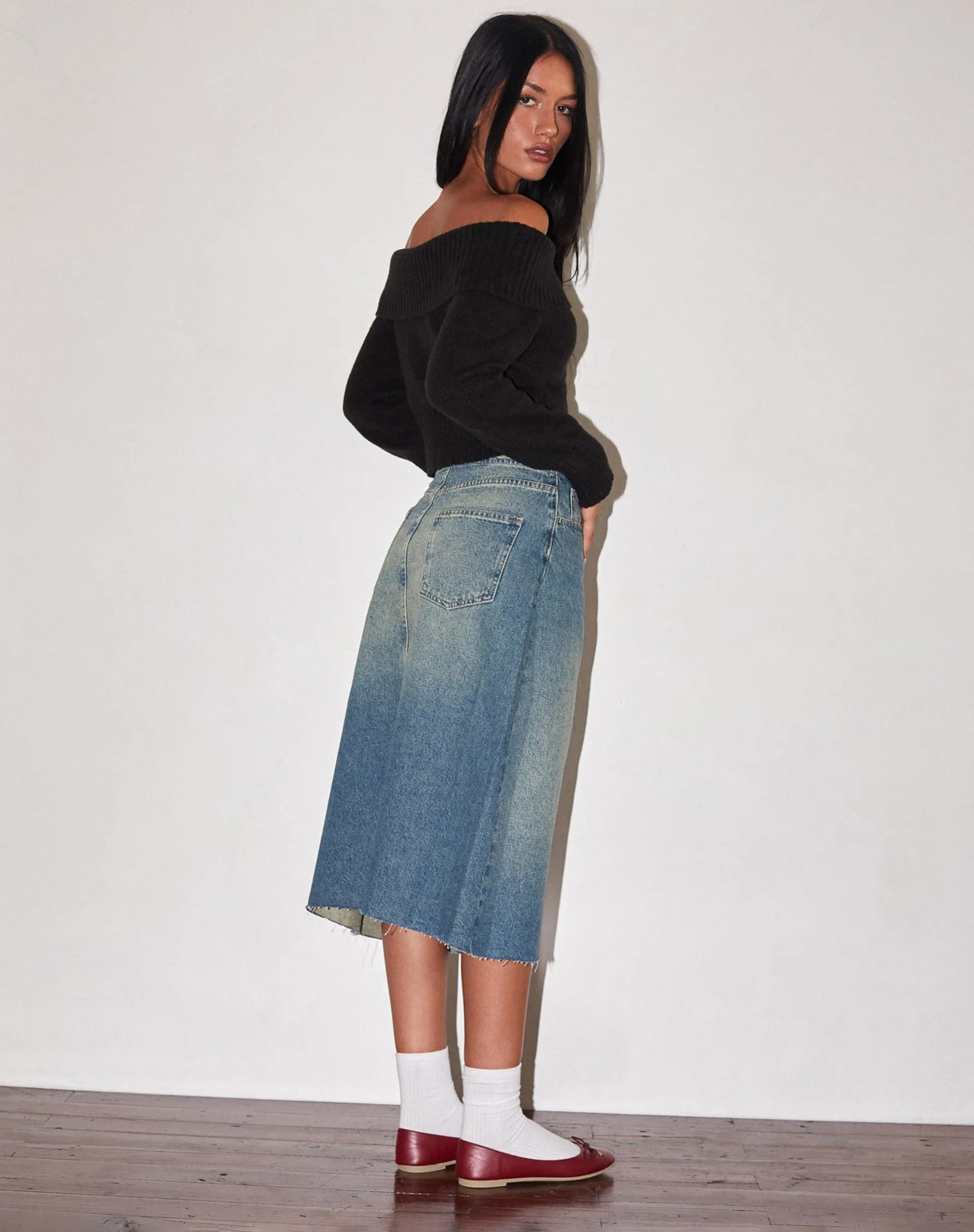 Low Rise Denim Midi Skirt in Vintage Blue Green sold by Motel Rocks product image thumbnail 3