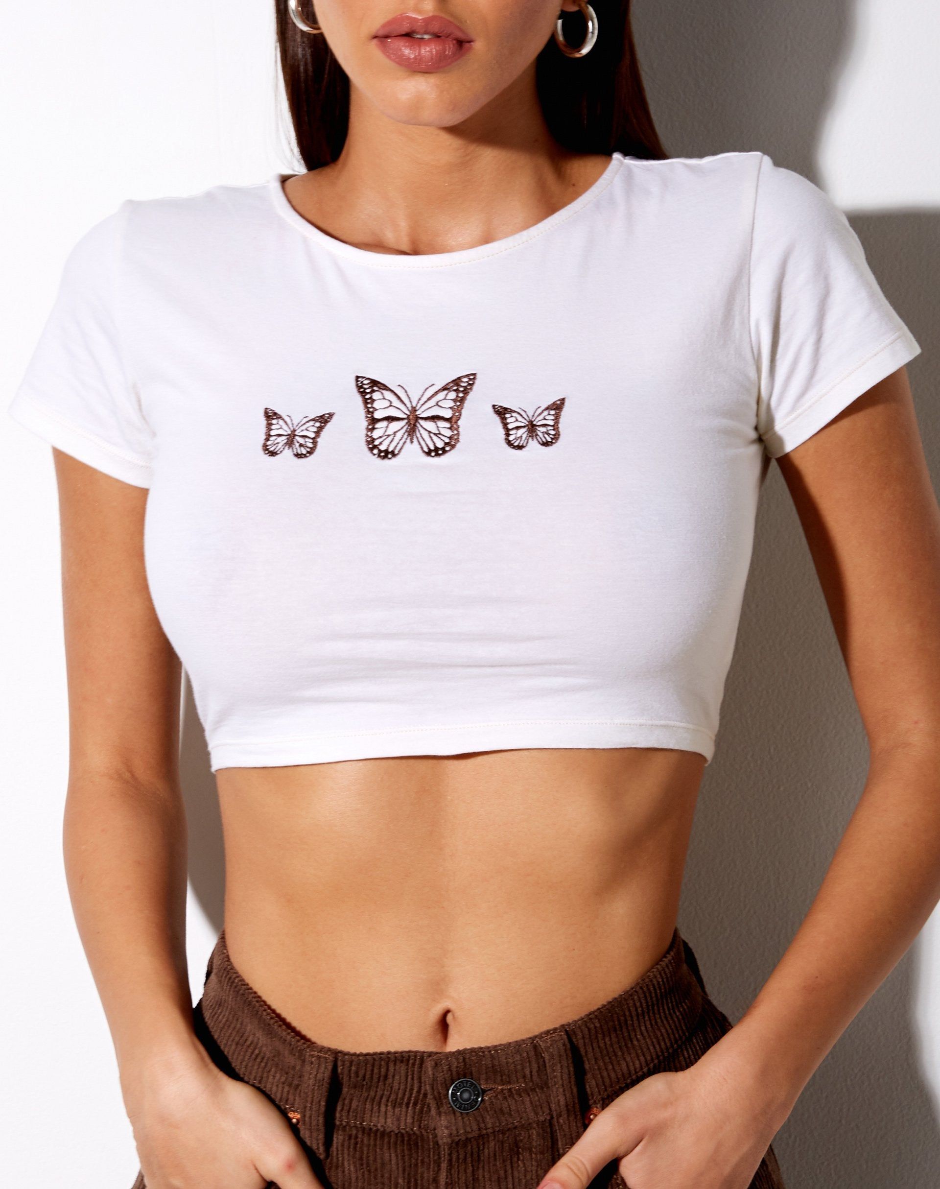 Tindy Crop Top in Ivory Triple Butterfly Embro sold by Motel Rocks