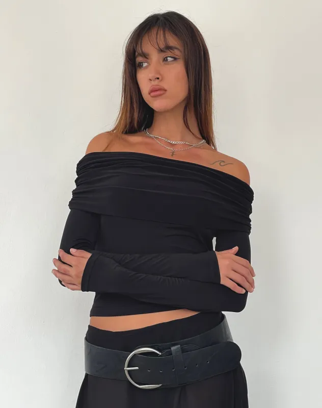 Andi Long Sleeve Bardot Top in Slinky Black sold by Motel Rocks