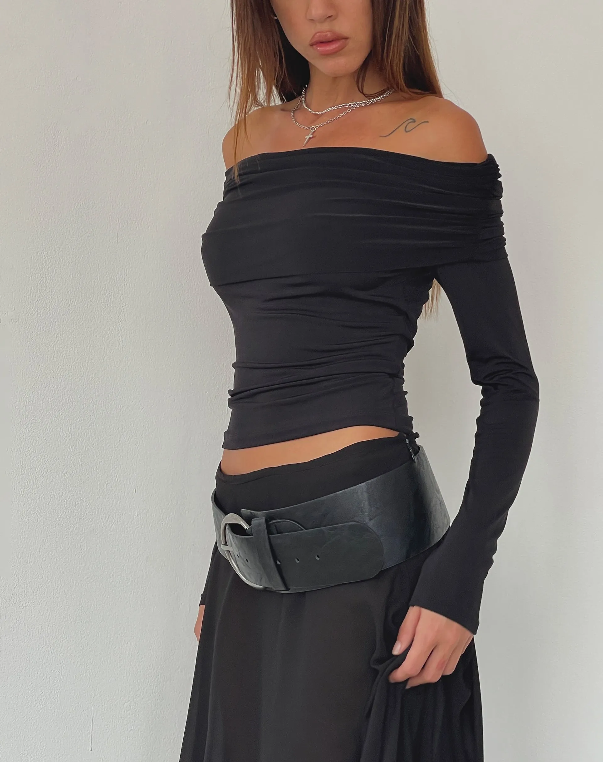 Andi Long Sleeve Bardot Top in Slinky Black sold by Motel Rocks product image thumbnail 3