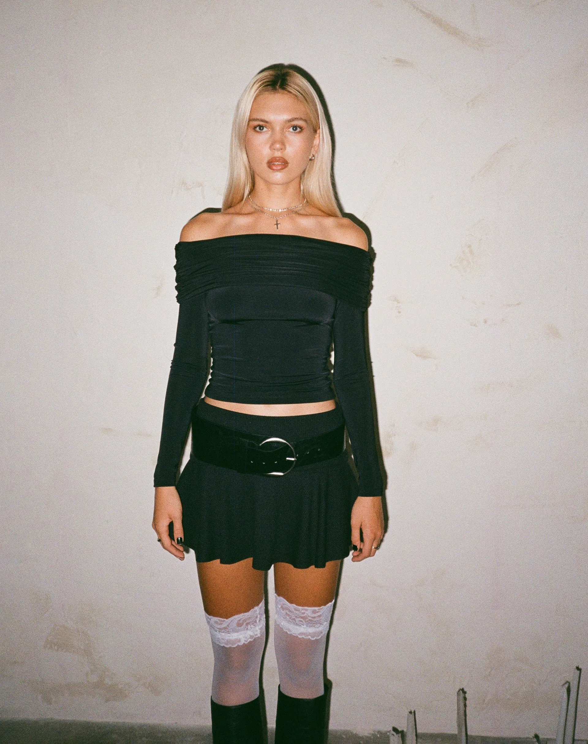 Andi Long Sleeve Bardot Top in Slinky Black sold by Motel Rocks product image thumbnail 2