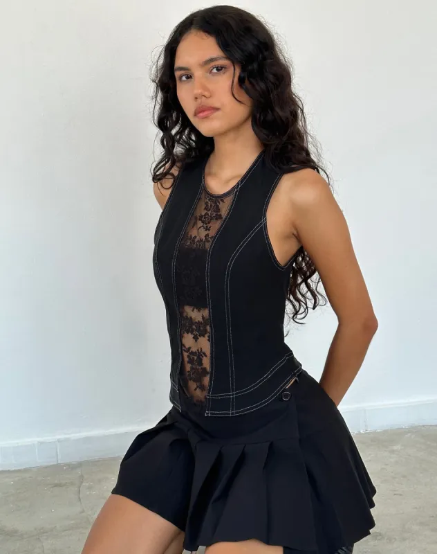 Verbena Lace Panel Top in Black Tailoring sold by Motel Rocks