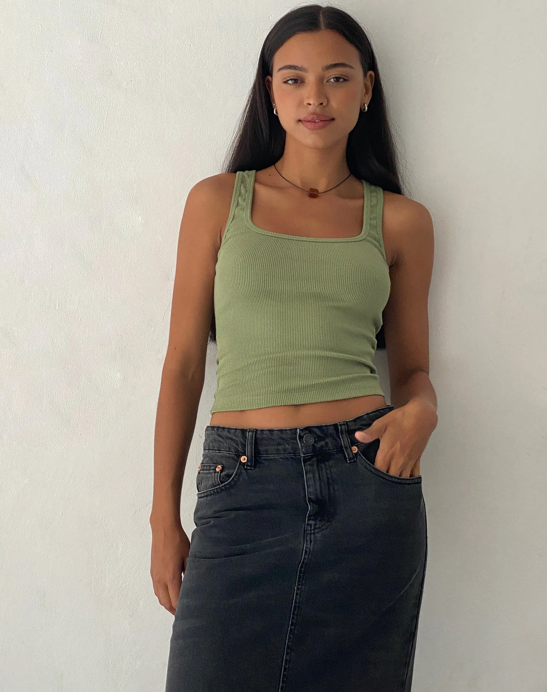 Roxe Ribbed Vest Top in Dark Sage sold by Motel Rocks