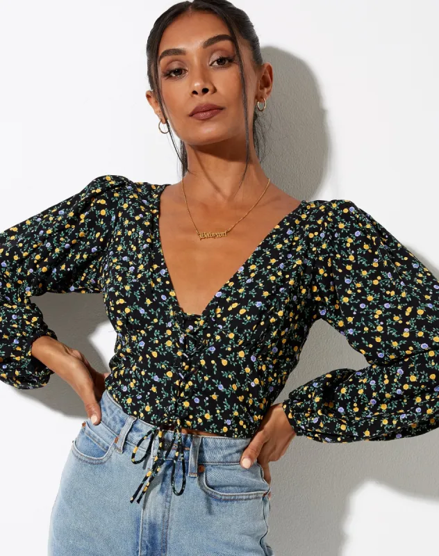 Romina Top in Flowing Flower Black sold by Motel Rocks