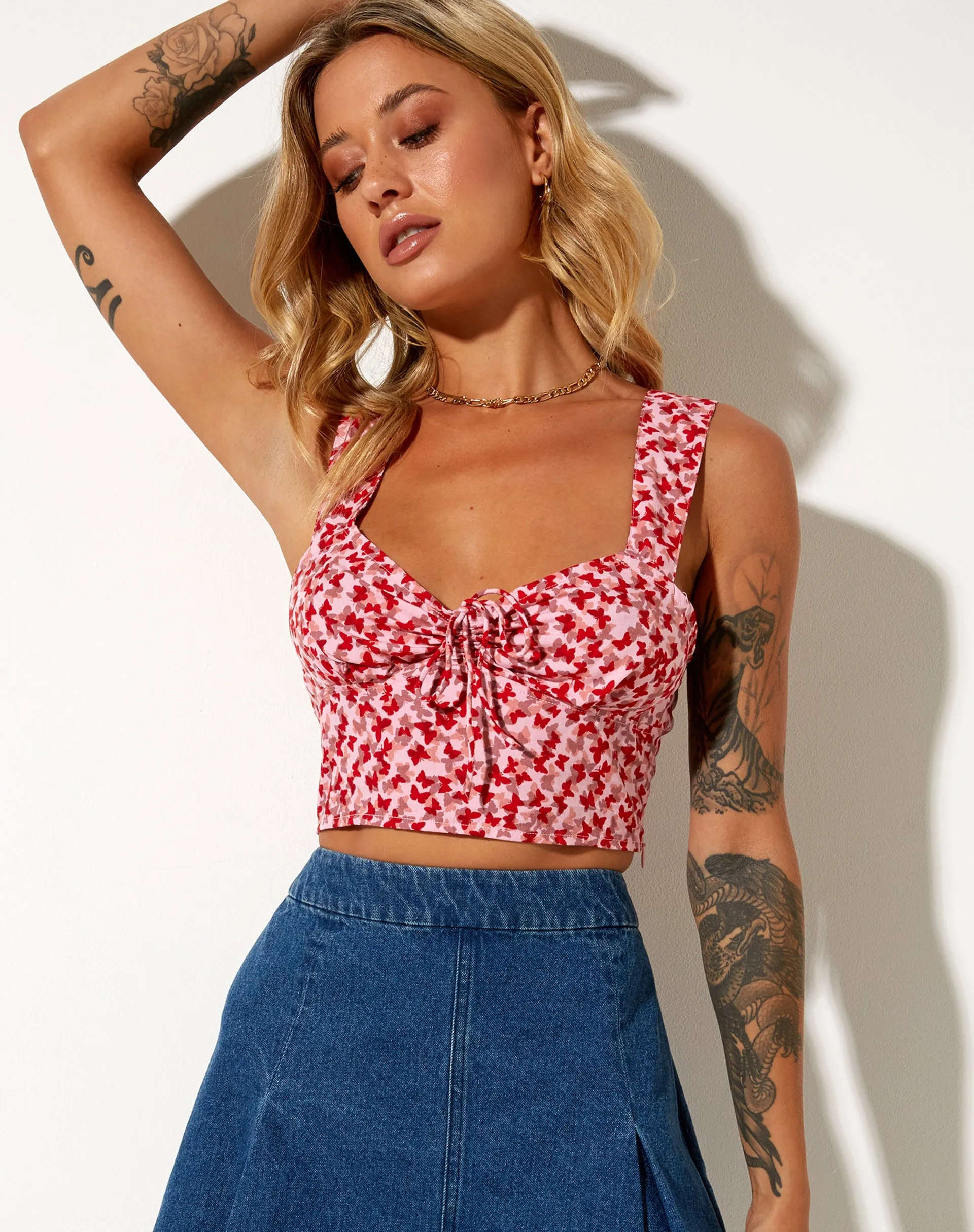 Ridis Vest Crop Top in Ditsy Butterfly Peach and Red sold by Motel Rocks