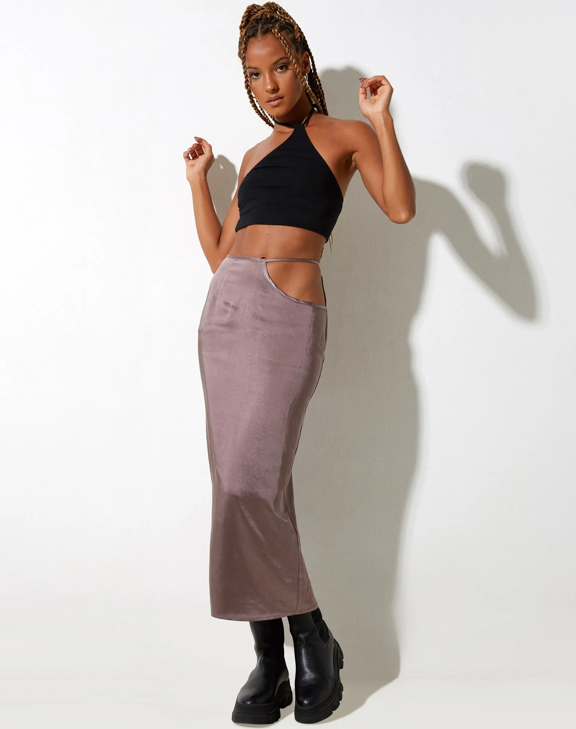 Gardy Midi Skirt in Satin Steel sold by Motel Rocks