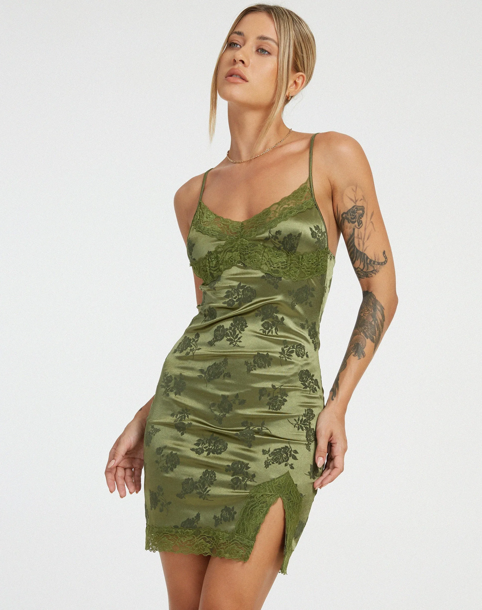Coti Bodycon Dress in Rose Flock Loden Green sold by Motel Rocks product image thumbnail 4