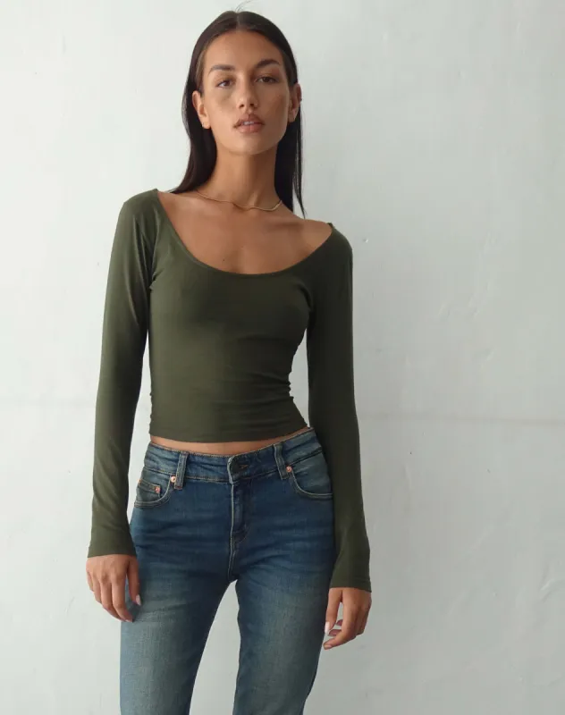 Bonlo Long Sleeve Top in Olive sold by Motel Rocks