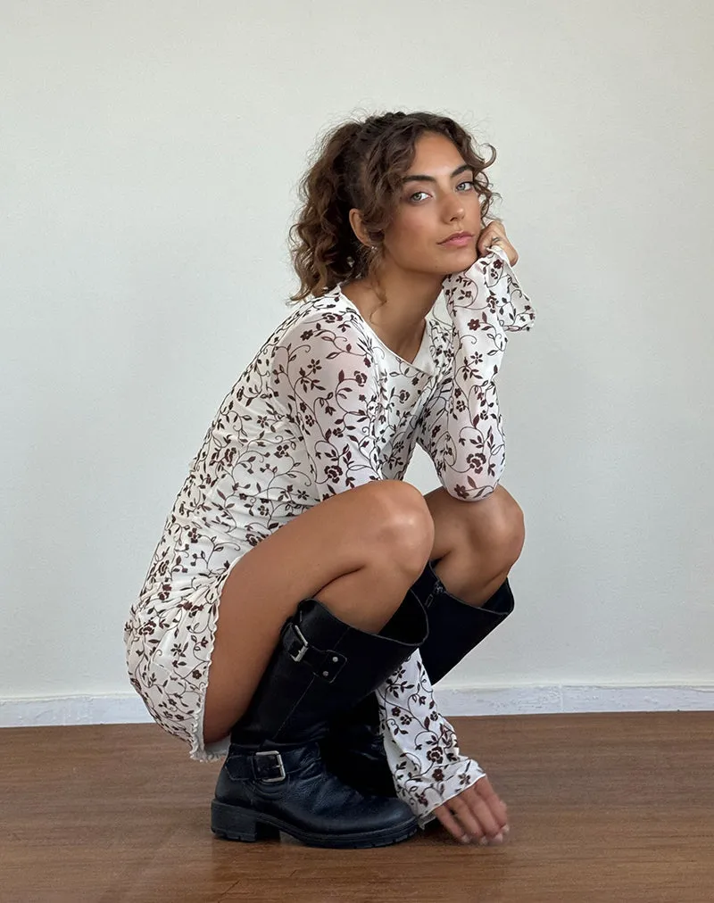 Sevila Long Sleeve Mini Dress in Stem Flower Flock Brown sold by Motel Rocks product image thumbnail 2