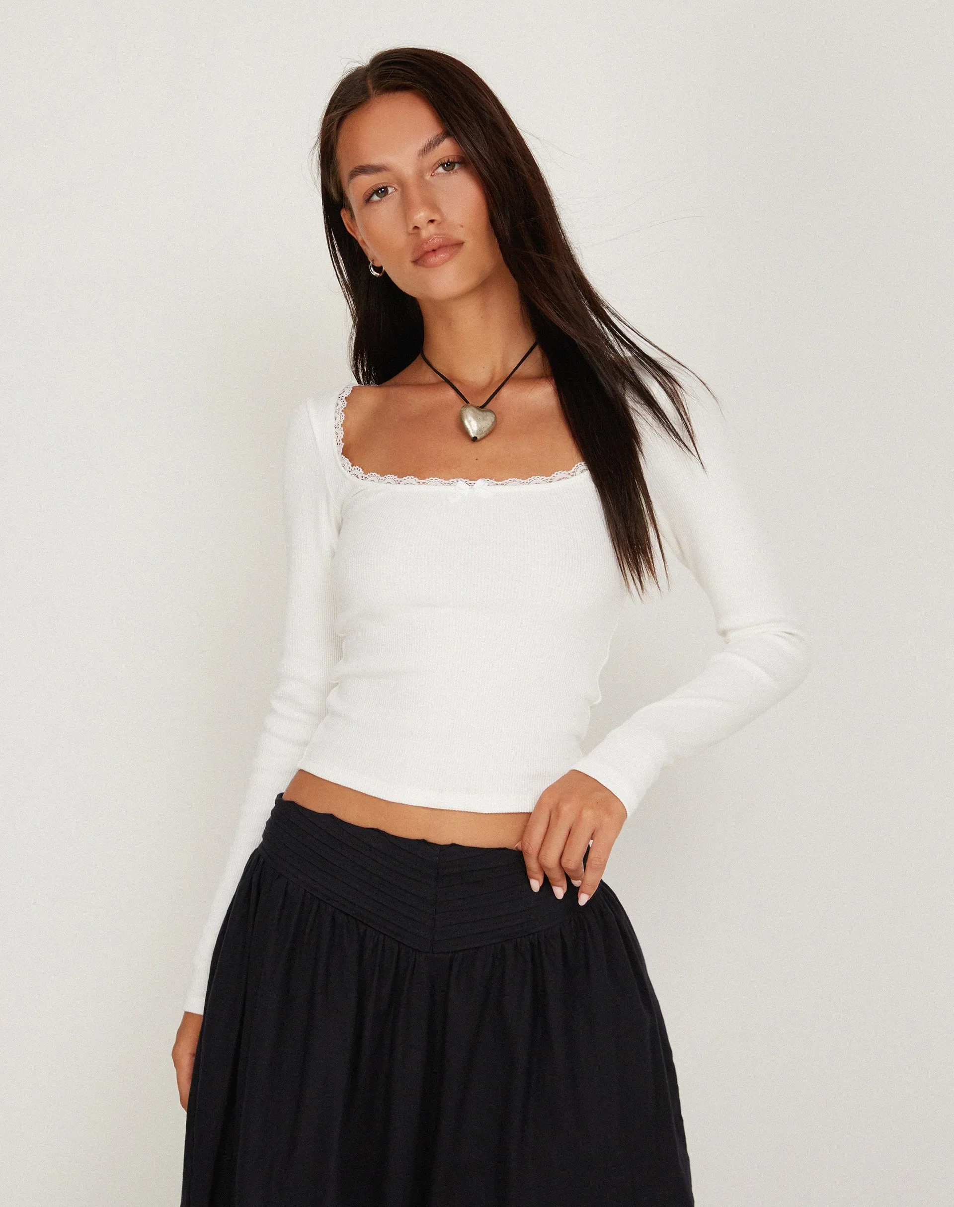 Bovita Long Sleeve Top in Rib White sold by Motel Rocks