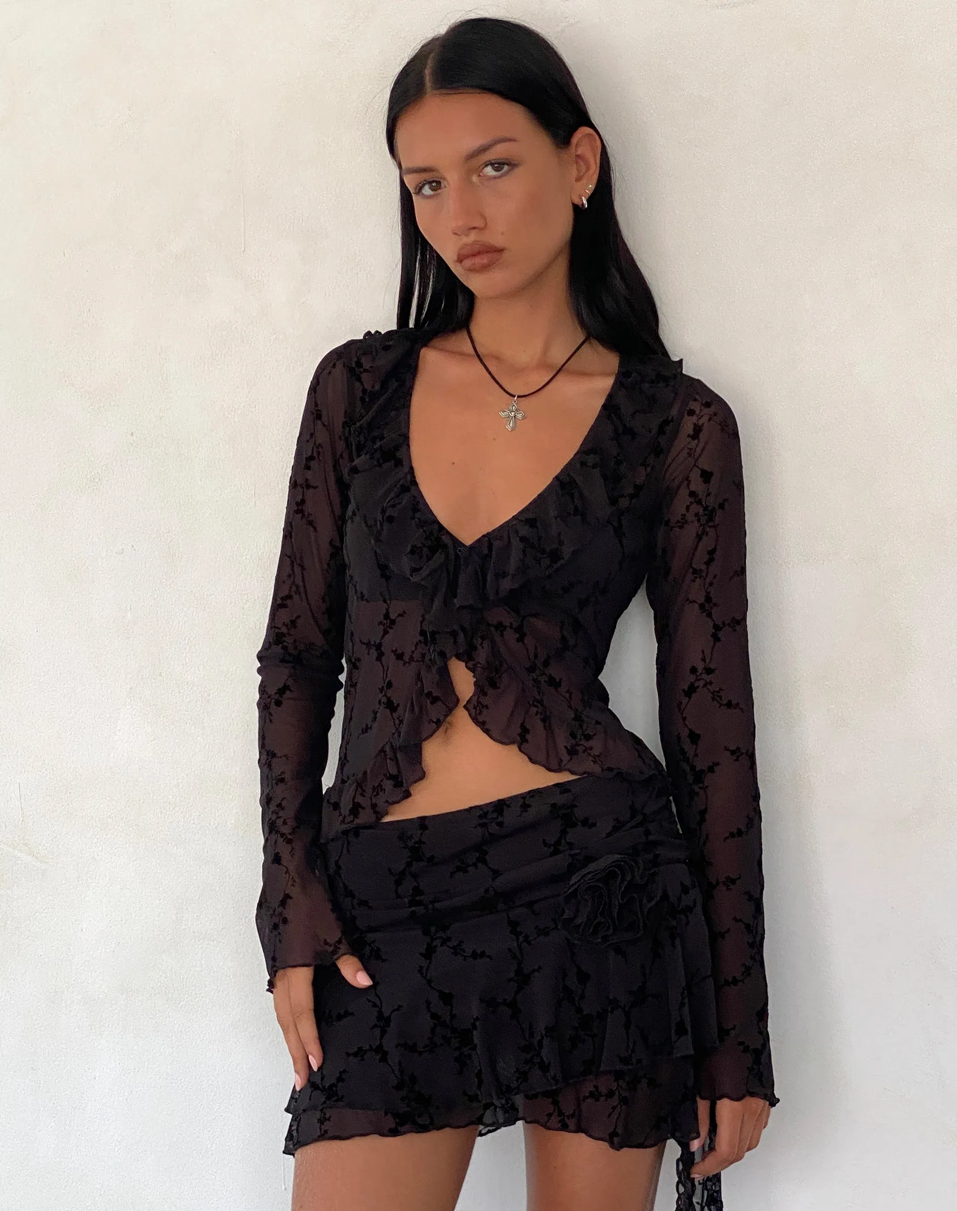 Theri Mini Skirt in Vine Flower Black with Rosette sold by Motel Rocks product image thumbnail 2